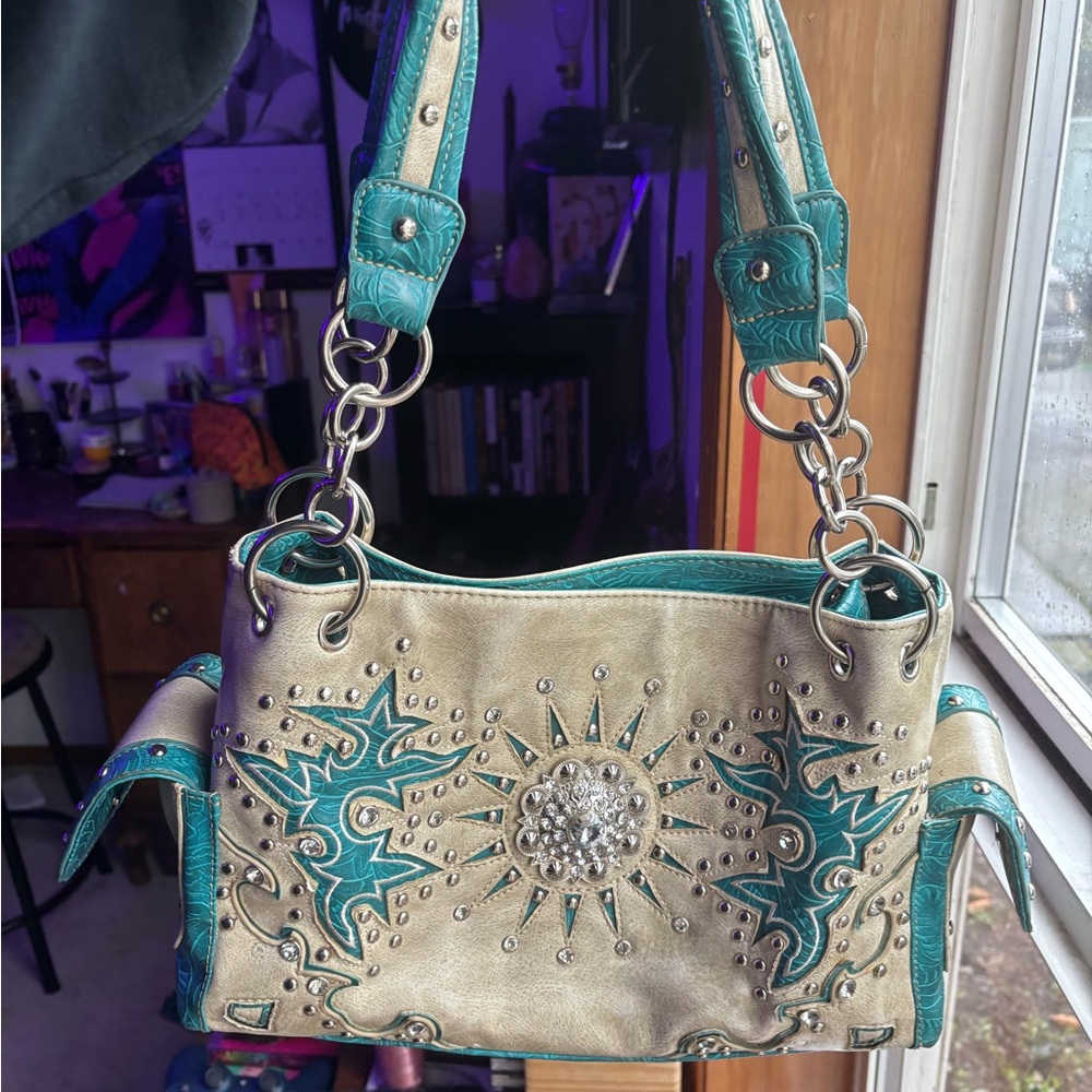 Studded Teal and Cream Handbag